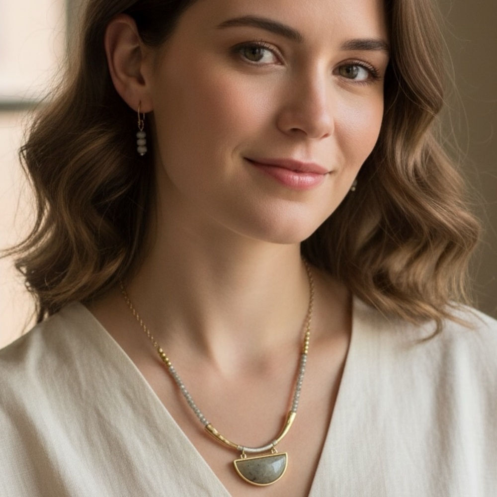 NWT Gray Tribal Necklace & Earrings Set – Goldtone Minimalist Boho Jewelry